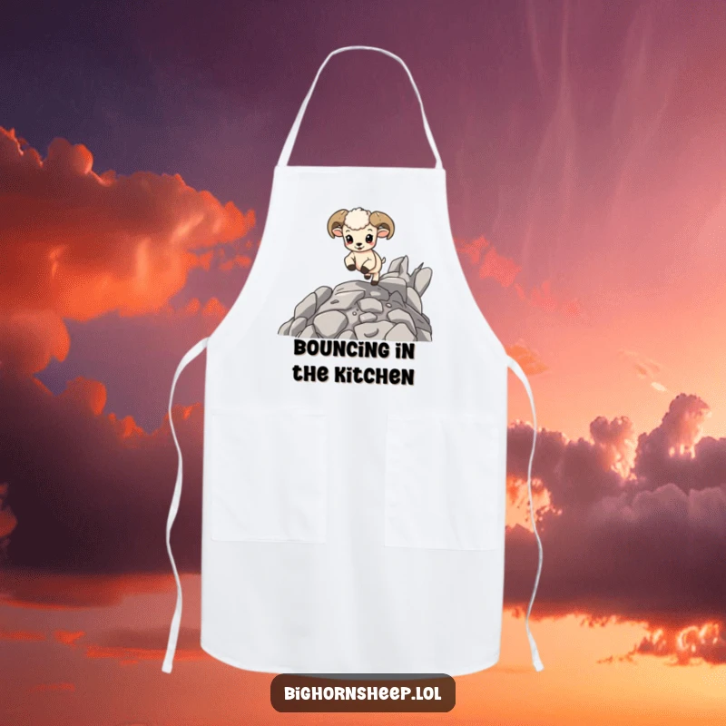 Funny Bighorn Sheep Cub Apron: A cute baby sheep joyfully bouncing on rocky terrain, bringing playful energy to the kitchen.