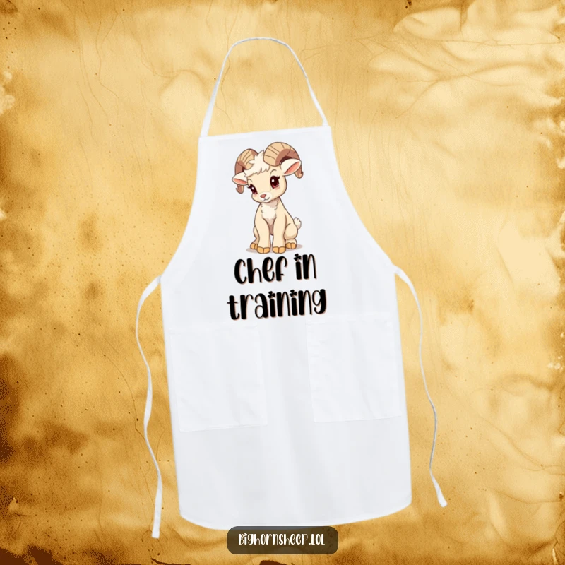 Funny bighorn sheep cub apron, attempting a majestic pose with a wobble, a humorous and practical accessory for the determined chef.