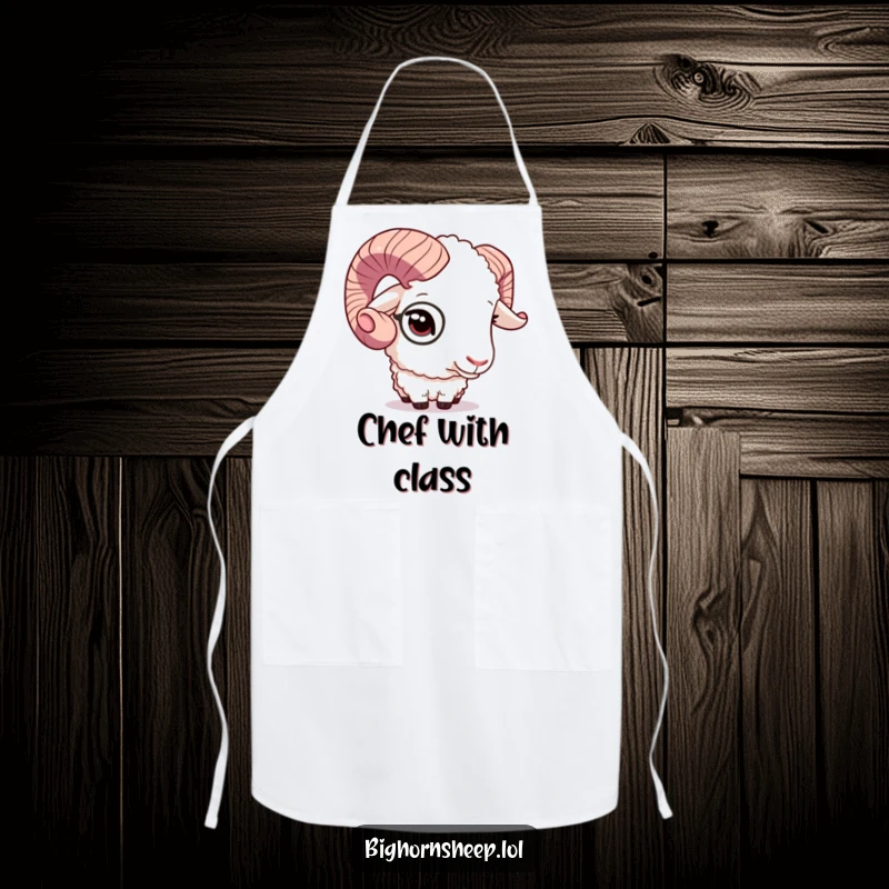 Funny bighorn sheep sporting a monocle and winking while cooking, a humorous and elegant apron.