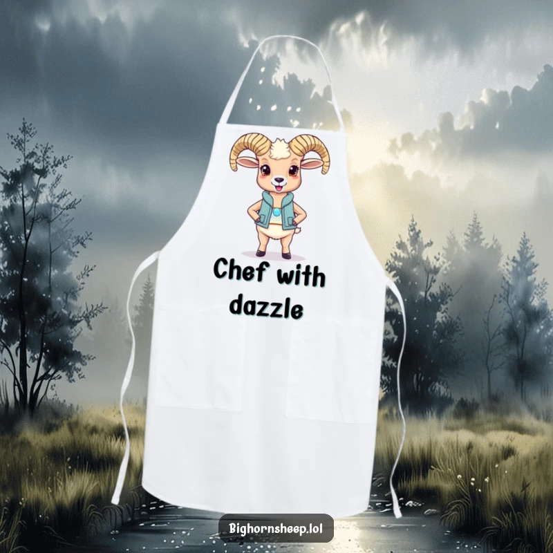 Funny bighorn sheep apron, a delighted sheep in a sparkly vest, cooking accessory with humorous charm.