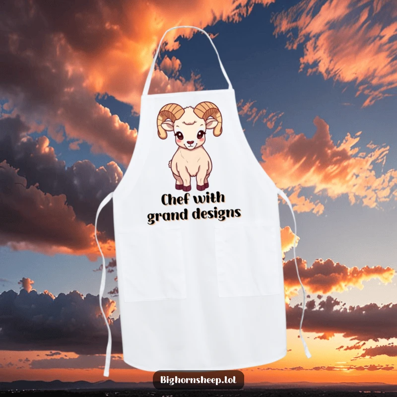 Funny majestic bighorn sheep apron, showing the sheep posing regally with its impressive horns, perfect for stylish cooking.