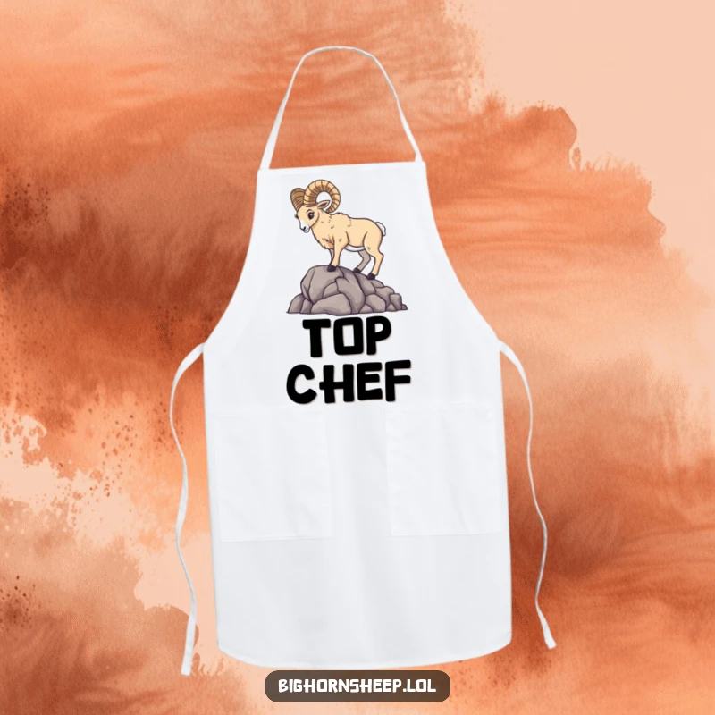 Dramatic bighorn sheep posing regally on a rocky ledge, featured on a durable cooking apron.
