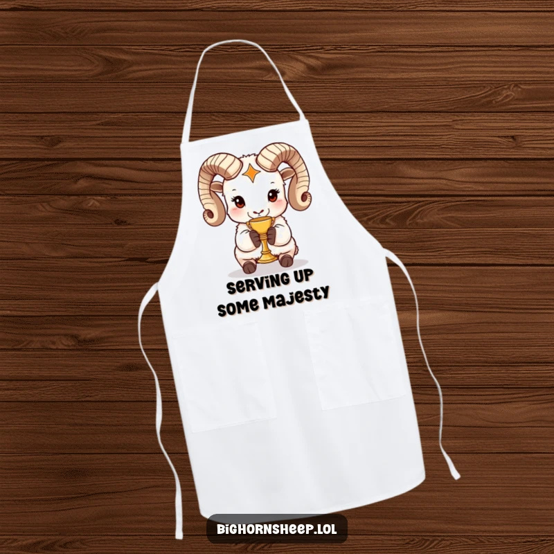 Funny bighorn sheep apron featuring a royal sheep holding a miniature golden chalice, ideal for amusing kitchen protection.