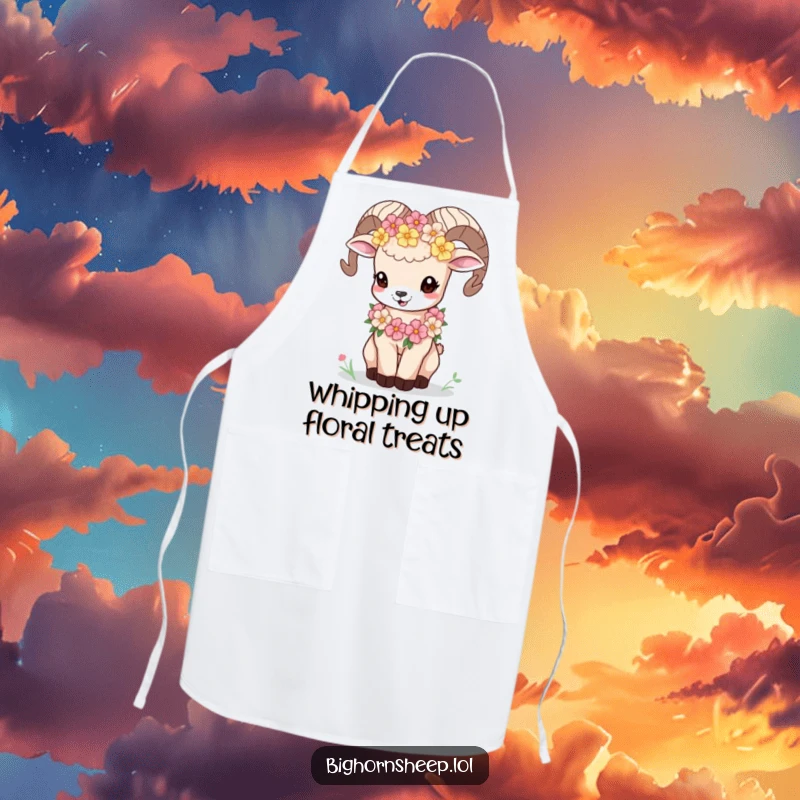 Funny bighorn sheep cub with a flower garland bleating playfully on a kitchen apron, bringing sweet humor to cooking.