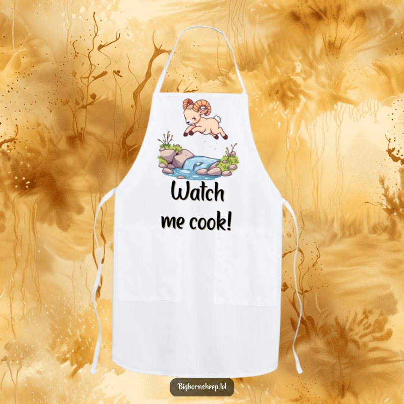 Funny bighorn sheep cub apron, showing the cub leaping joyfully over a stream, perfect for a fun cooking experience.