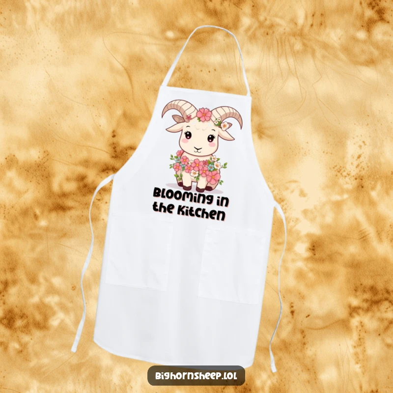 Funny bighorn sheep wearing a flower garland, looking serene, on a humorous apron for peaceful cooking.
