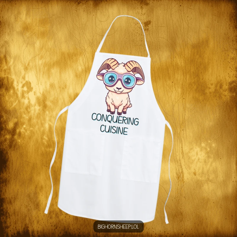 Funny apron showcasing a bighorn sheep sporting oversized goggles, ready for hilarious culinary adventures in the kitchen.