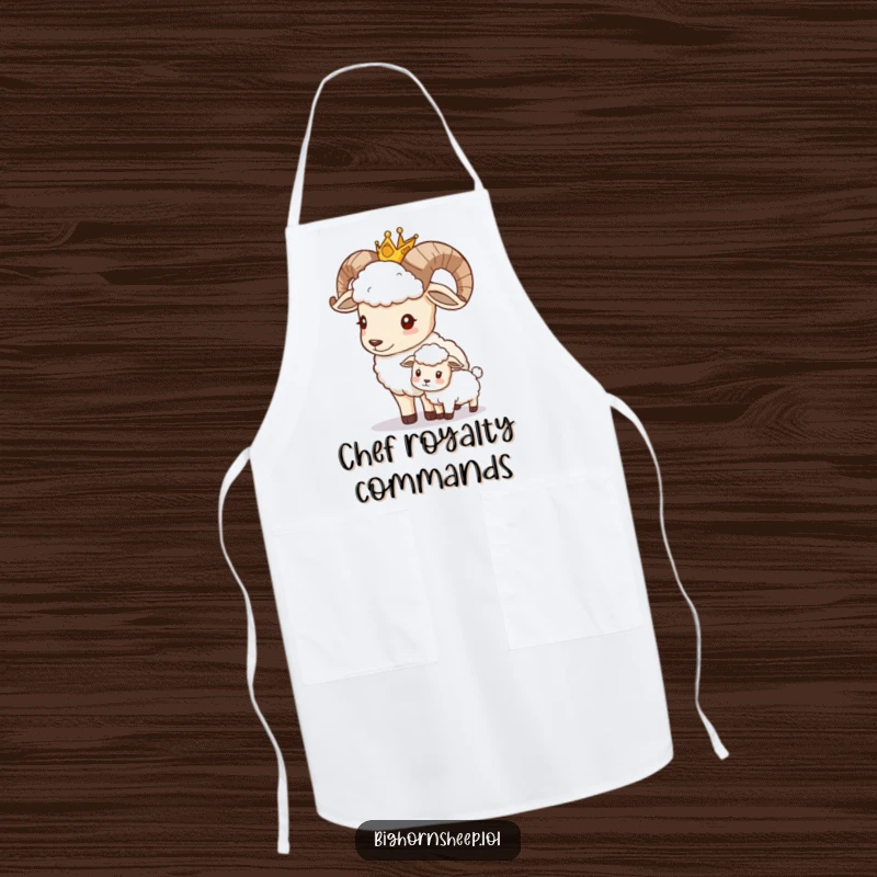 Funny bighorn sheep wearing a crown, gently nudging a smaller sheep, on a humorous apron for cooks.