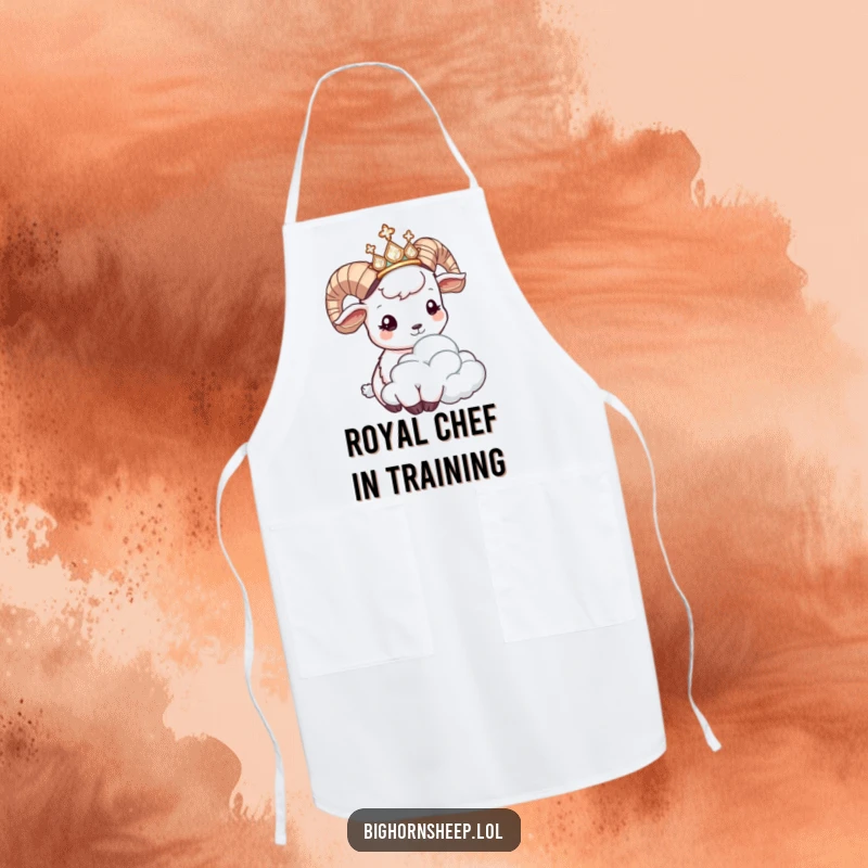 Funny bighorn sheep apron, a sheep in a glittering tiara playfully headbutting a cloud, making kitchen tasks hilariously fun.