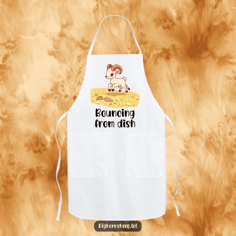 Funny bighorn sheep cub apron, bounding energetically across a sunny meadow, a humorous and practical accessory for the energetic chef.