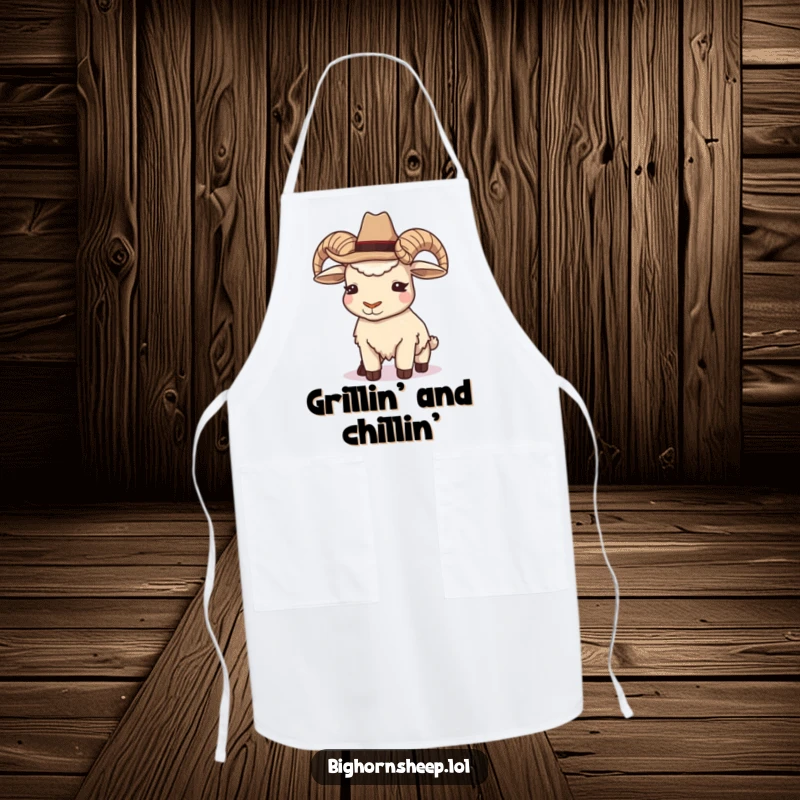 Funny Cowboy Bighorn Sheep Apron: A chef's apron adorned with a sheep in a cowboy hat, winking charmingly.
