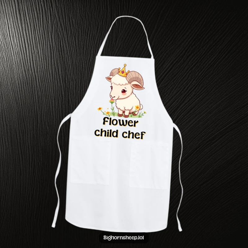 Funny Crowned Sheep Apron: Curious sheep with a tiny crown sniffs a wildflower, bringing gentle charm to kitchen tasks.