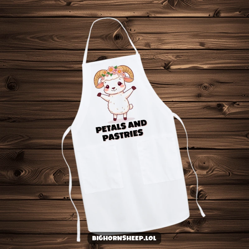 Funny Apron: Cute bighorn sheep wearing a flower crown, happily dancing while cooking.