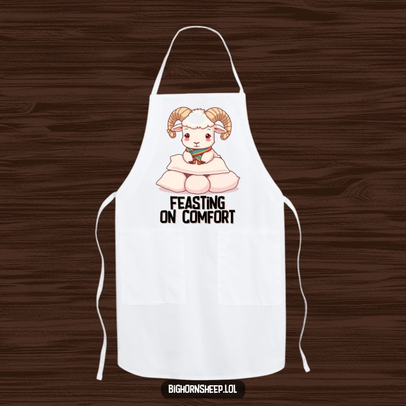 Funny Apron: Regal bighorn sheep wearing a sash, playfully buttering a pile of soft pillows.