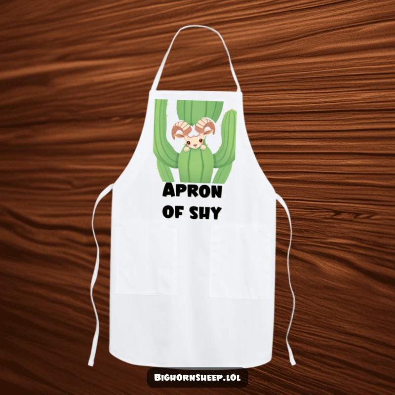 Funny shy bighorn sheep peeking from behind a cactus on a kitchen apron. Humorous desert animal cooking accessory.