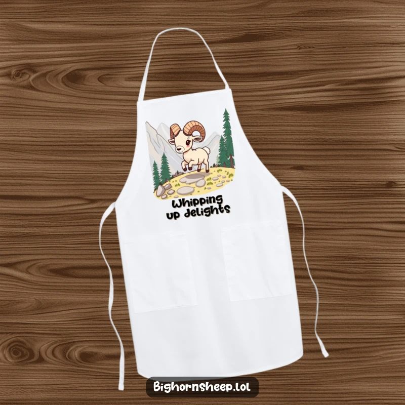 Funny bighorn sheep apron, showing the sheep playfully skipping along a mountain path, perfect for fun cooking.