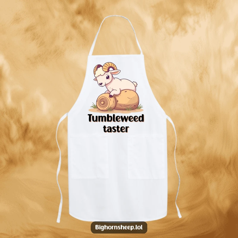 Funny Bighorn Sheep Apron: A sheep playfully nudging a rolling tumbleweed, bringing whimsical desert fun to kitchen tasks.