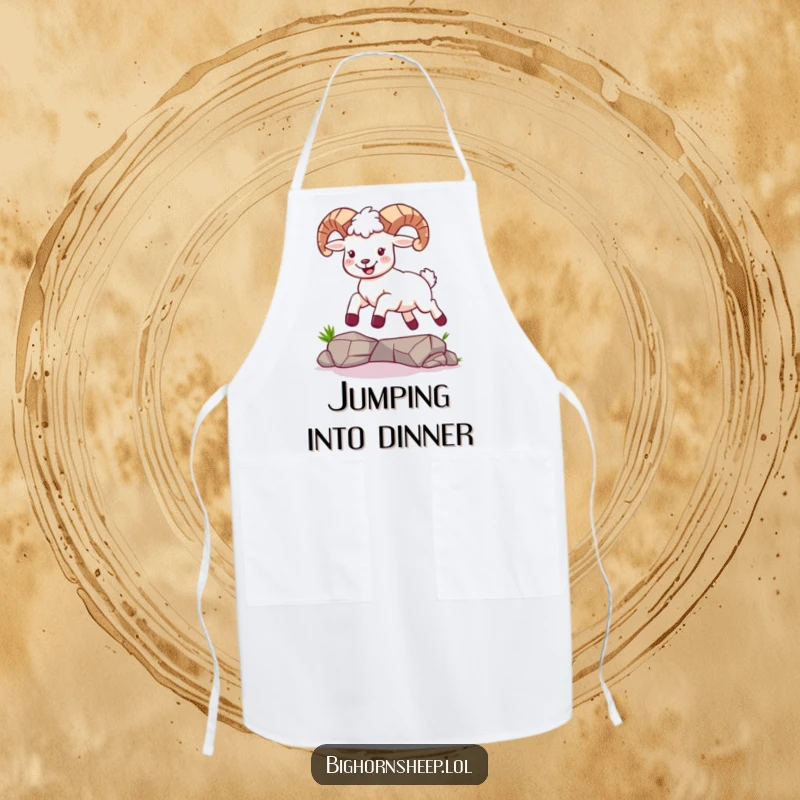 Funny apron showcasing a bighorn sheep joyfully leaping over a small gap, ready to conquer any kitchen challenge.