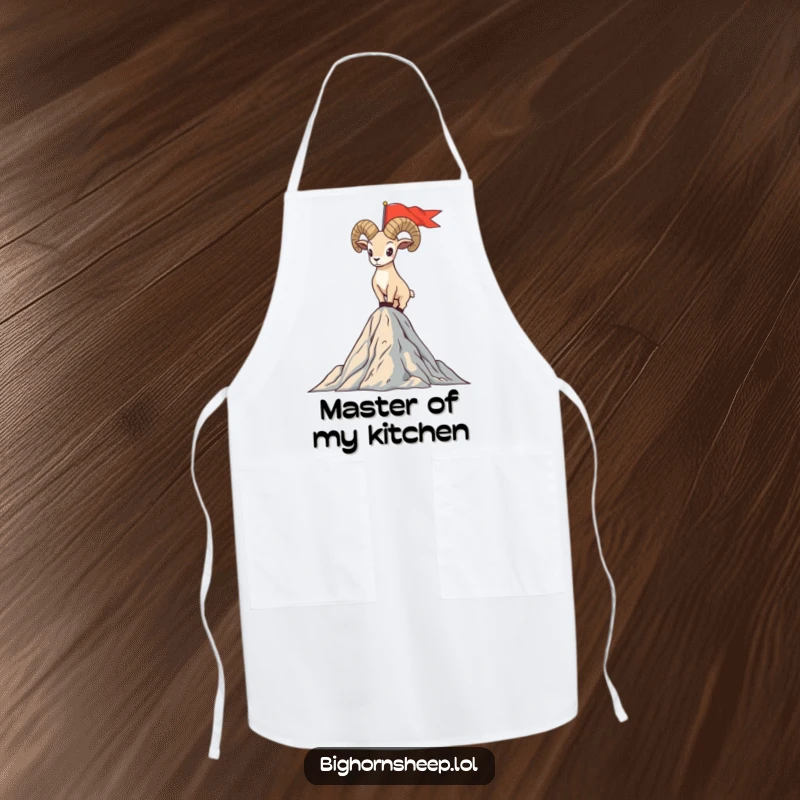 Funny apron showcasing a bighorn sheep standing proudly on a mountain peak, planting a flag with humorous culinary triumph.