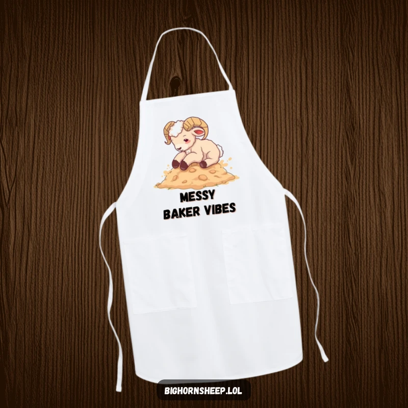 Funny bighorn sheep cub apron, joyfully rolling in earth, a hilarious kitchen accessory that adds humor to cooking.