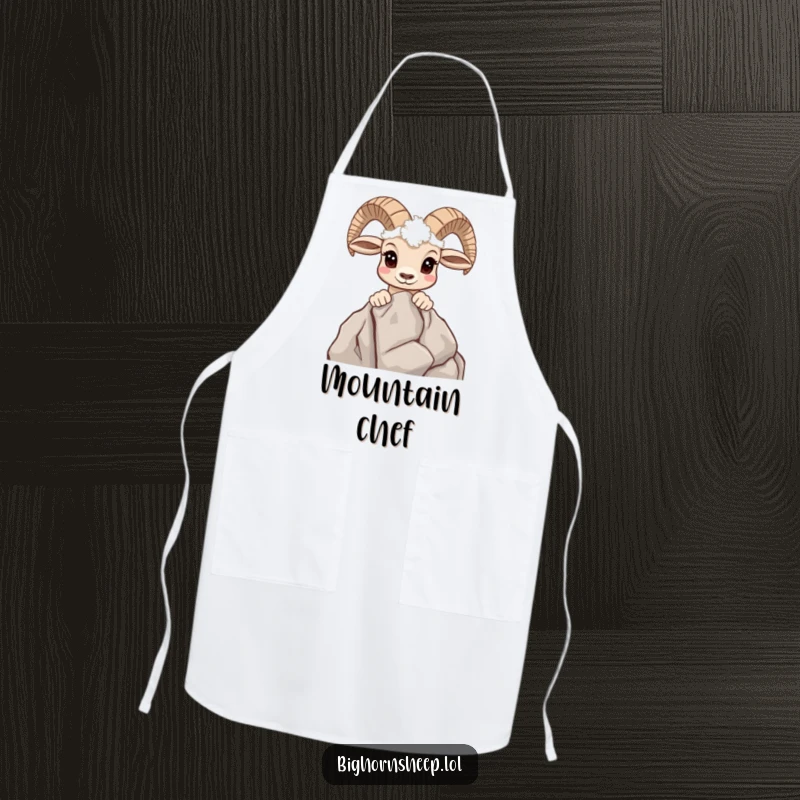 Funny apron design showing a curious bighorn sheep peeking over a rocky outcrop, ideal for a curious cook.