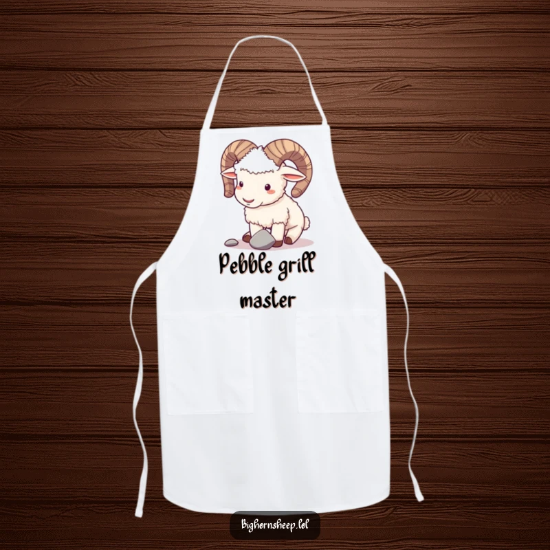 Funny apron design showing a playful bighorn sheep gently butting horns with a small pebble, ideal for a playful cook.
