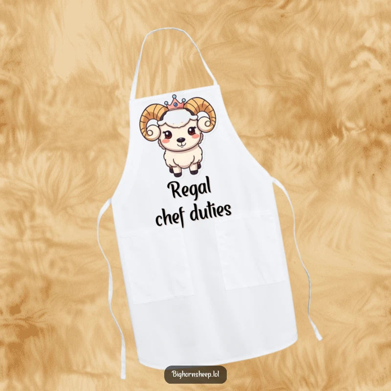 Funny apron showcasing a bighorn sheep character with a gentle smile and a small crown, ready to lead the kitchen.