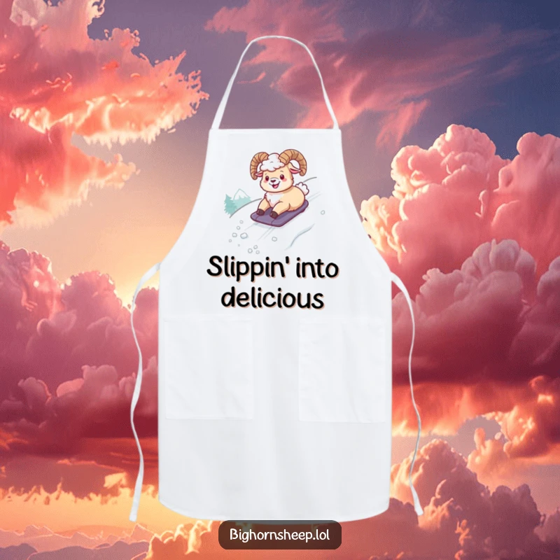 Funny apron showing a bighorn sheep gleefully sliding down a snowy slope, adding a touch of hilarious winter fun to cooking.