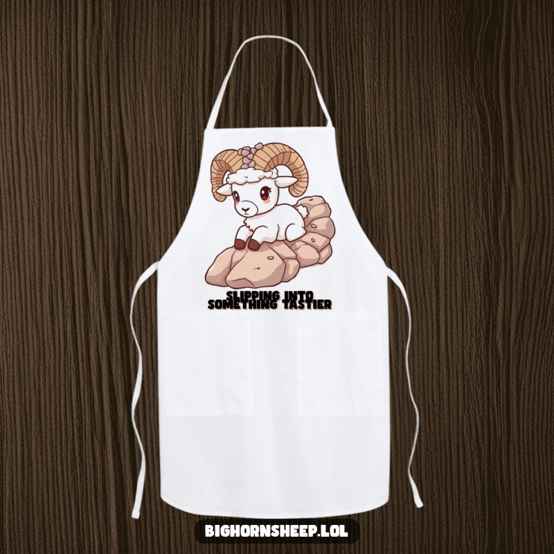 Funny bighorn sheep with a pebble crown sliding down a rocky slope on a kitchen apron, bringing humor to cooking tasks.