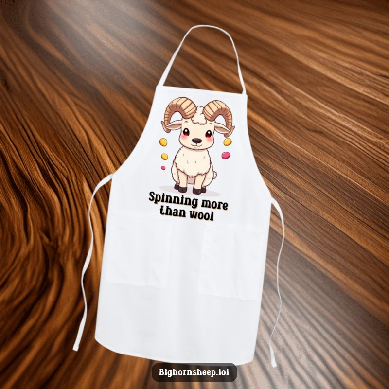Funny bighorn sheep juggling pebbles with its horns while cooking, a humorous and practical apron for chefs.