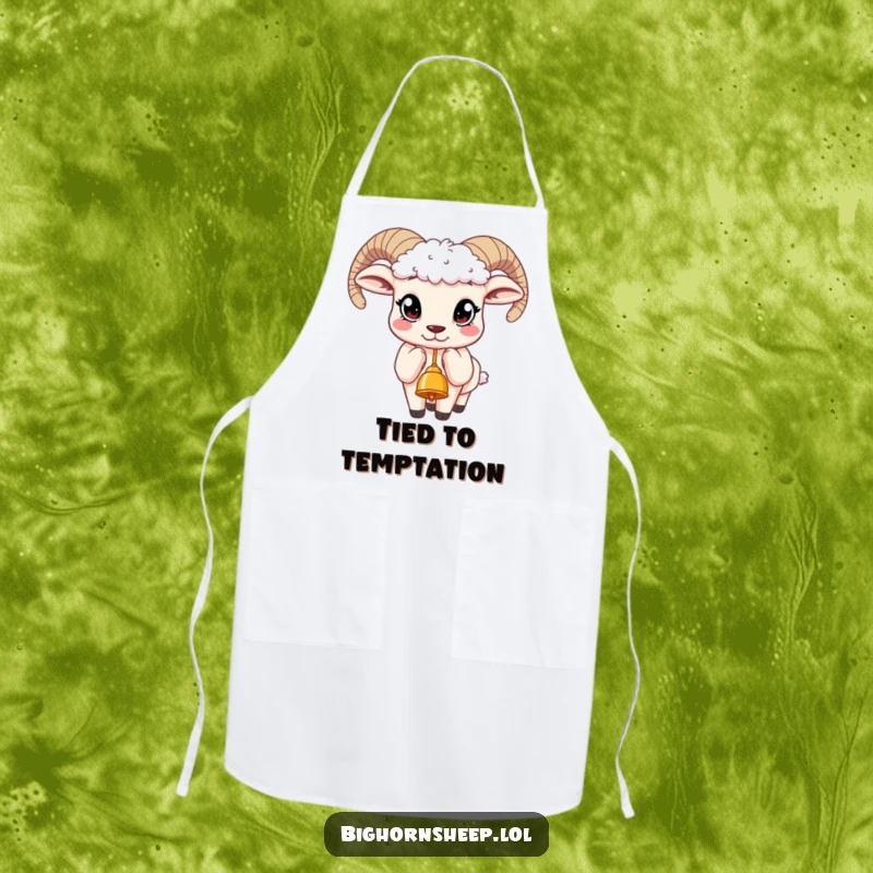 Funny apron showcasing a bighorn sheep with large, curious eyes, reaching for a tempting dangling bell while cooking.