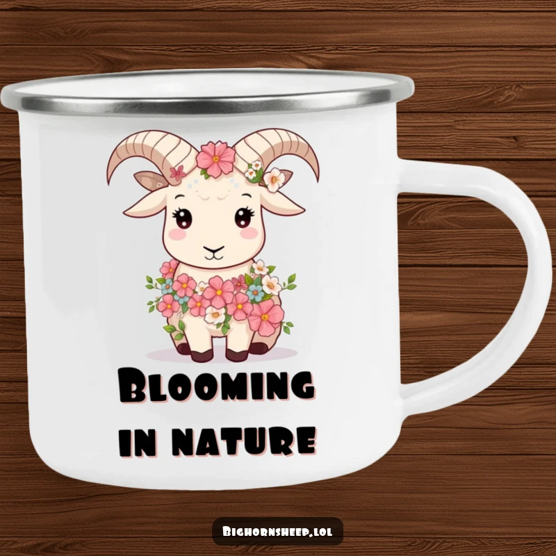 Funny bighorn sheep wearing a flower garland, looking serene, on a camping mug for tranquil outdoor experiences.