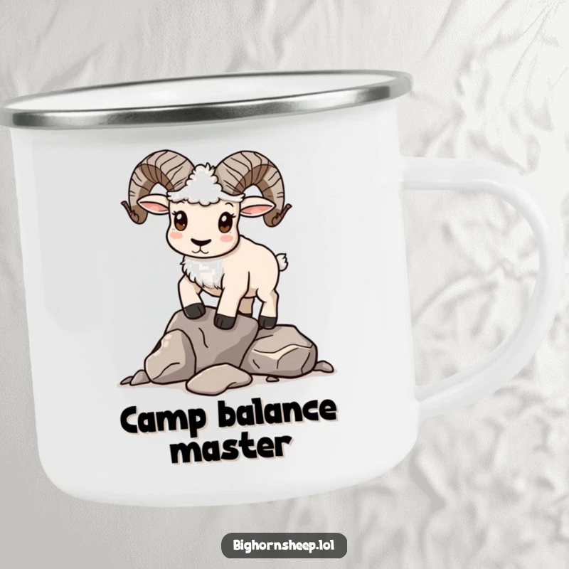 Funny Camping Mug: Determined bighorn sheep attempting to balance rocks in the great outdoors.