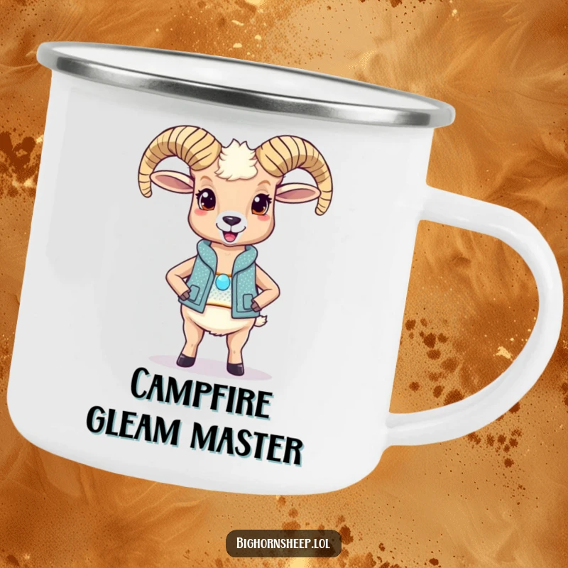 Funny bighorn sheep camping mug, a delighted sheep in a sparkly vest, perfect for outdoor humor.