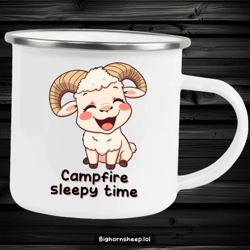 Funny camping mug with a bighorn sheep yawning with a big, contented smile, perfect for enjoying beverages outdoors with humor.