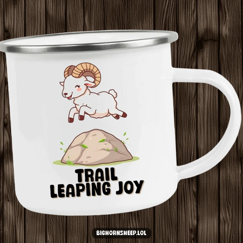 Funny Bighorn Sheep Camp Mug: A happy sheep joyfully leaping over a mound, designed for outdoor enthusiasts.