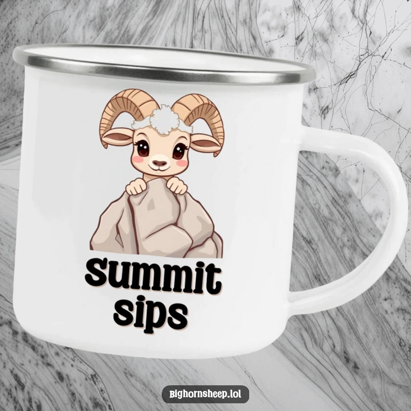 Funny camping mug with a curious bighorn sheep peeking over a rocky outcrop, perfect for mountain expeditions.
