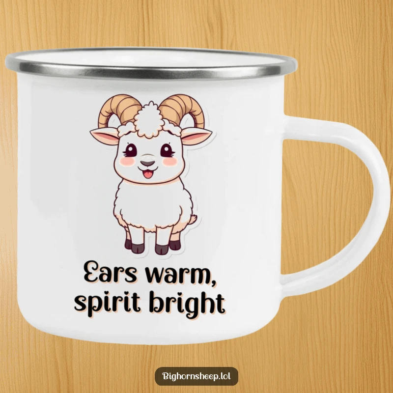 Funny camping mug featuring a happy bighorn sheep giggling, wearing wooly ear muffs askew, perfect for outdoor adventures and laughs.
