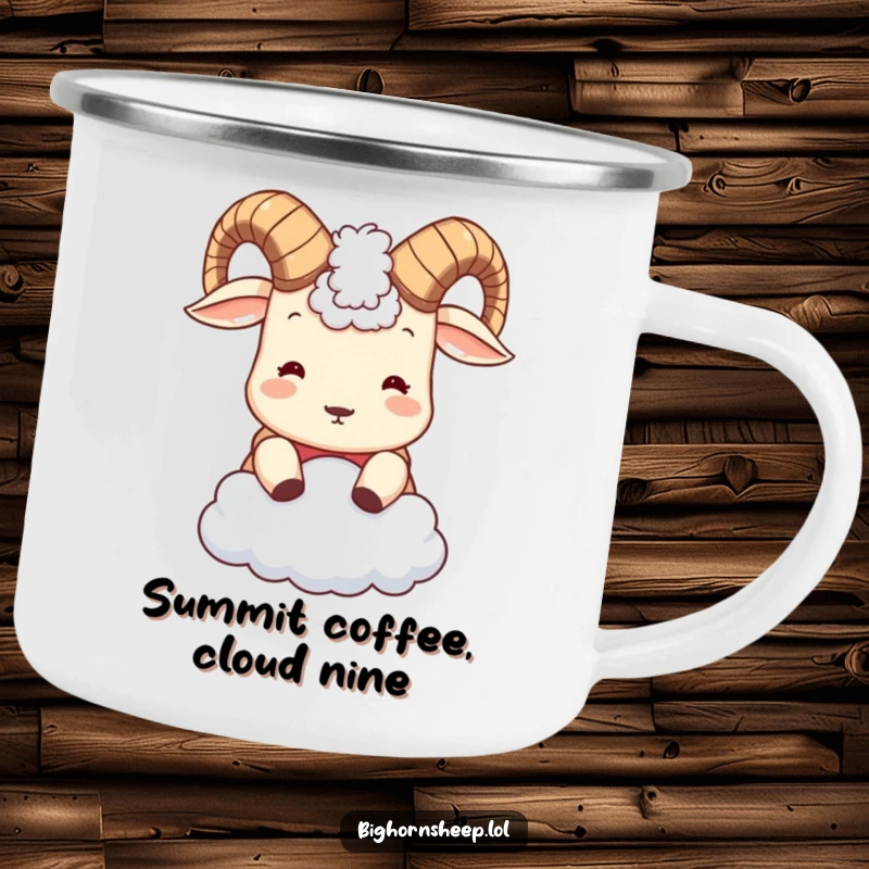 Funny Bighorn Sheep Camping Mug: Cute sheep with small horns humorously headbutting a cloud, perfect for outdoor adventures and laughs.