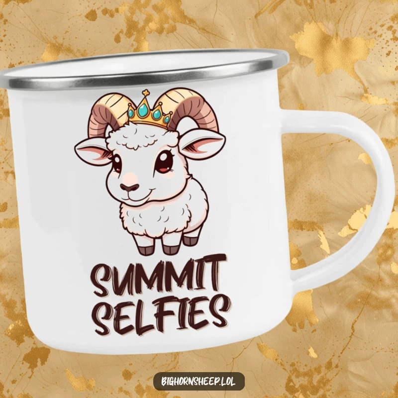 Funny Camping Mug: Bighorn sheep with a jeweled crown sliding down its horn, ready for adventure.