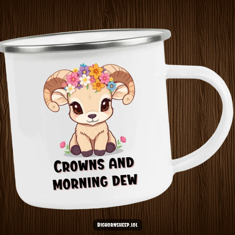 Funny bighorn sheep cub wearing a wildflower crown, looking inquisitive, on a durable camping mug.