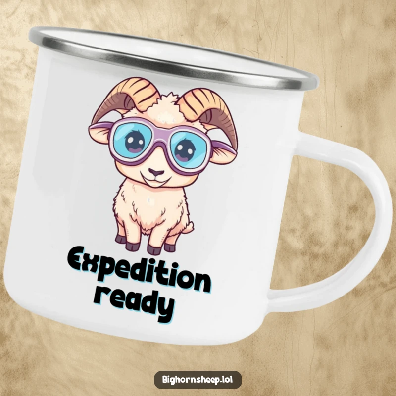 Funny camping mug with a bighorn sheep wearing oversized goggles, looking ready for a hilarious outdoor adventure.