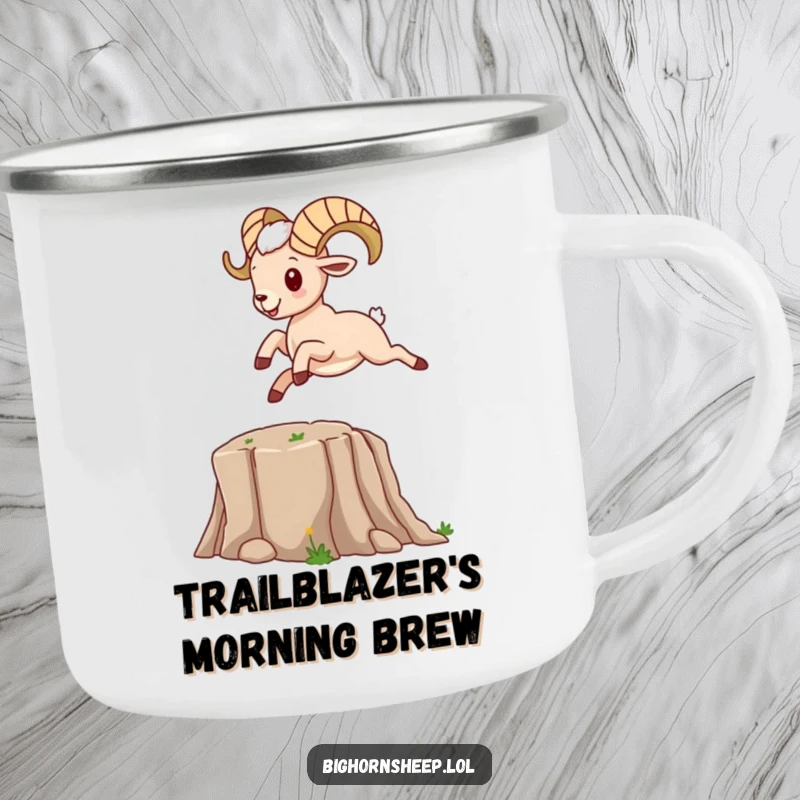 Funny bighorn sheep character leaping over a cartoon canyon, on a durable camping mug.