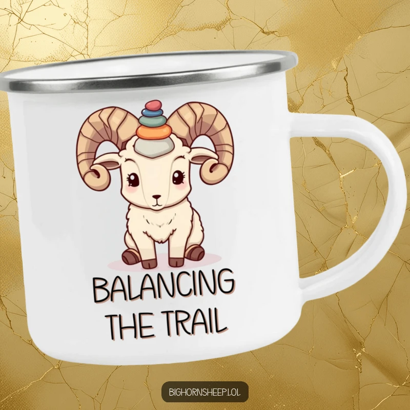 Funny bighorn sheep balancing pebbles on its horns, on a durable camping mug for serene outdoor experiences.