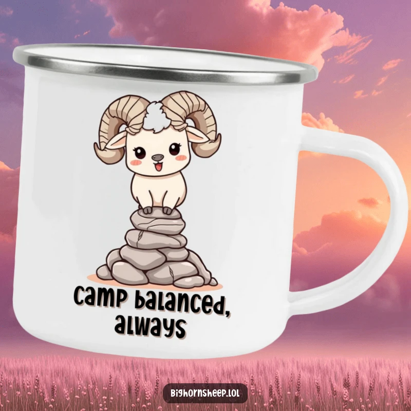 Funny, happy bighorn sheep character balancing a stack of stones on a durable camping mug, celebrating outdoor serenity and humor.
