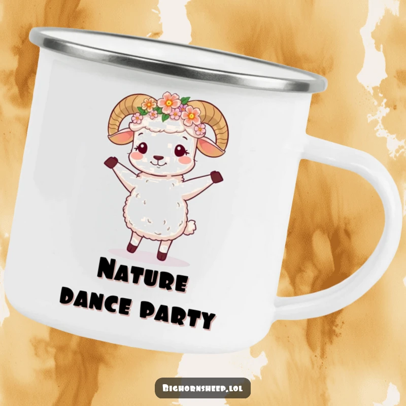 Funny Camping Mug: Cute bighorn sheep with a flower crown, joyfully dancing in nature.