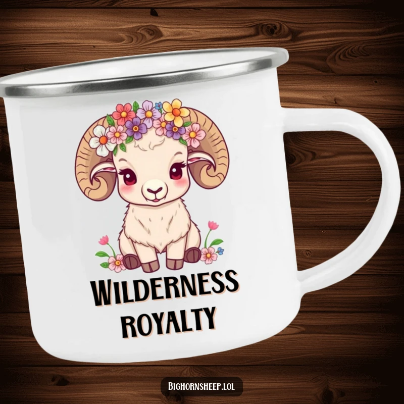 Funny bighorn sheep wearing a crown of wildflowers, looking content on a durable camping mug.