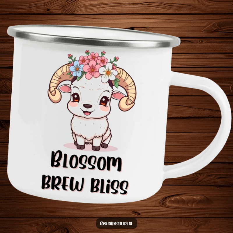 Funny Giggling Sheep Camping Mug: Sheep with a crown of alpine blossoms giggles, perfect for enjoying drinks outdoors with floral joy.
