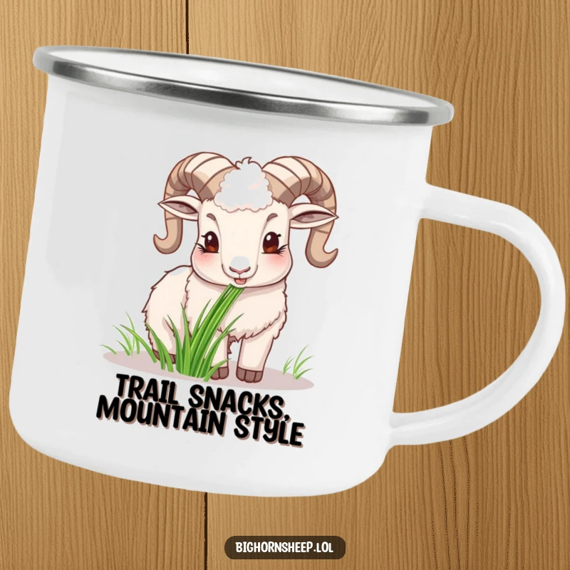 Funny happy bighorn sheep camping mug, depicting the sheep contentedly chewing grass, perfect for outdoor enjoyment.