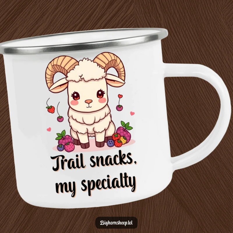 Funny bighorn sheep camping mug featuring a mischievous sheep juggling berries, perfect for humorous outdoor enjoyment.
